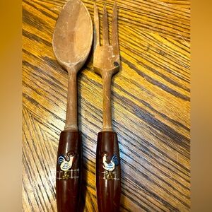 Vintage wooden spoon and fork with chickens